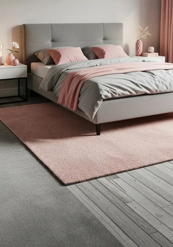 Gray bedroom with blush pink area rug under bed and coordinating accents.