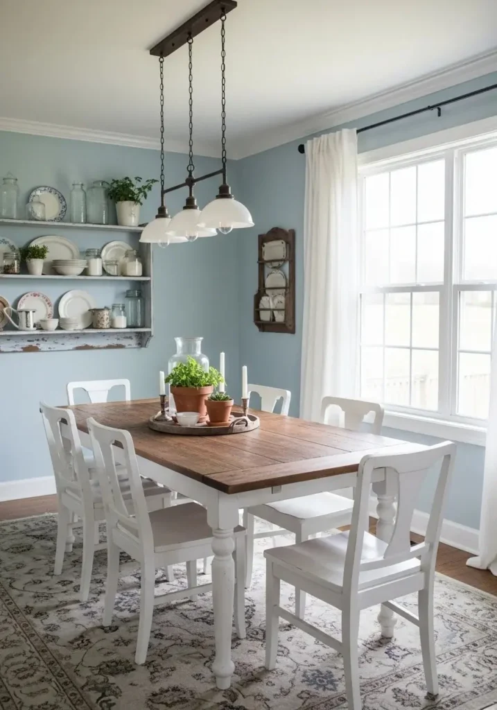 Farmhouse-style light blue dining room with rustic furniture and vintage accents, creating a relaxed cozy look