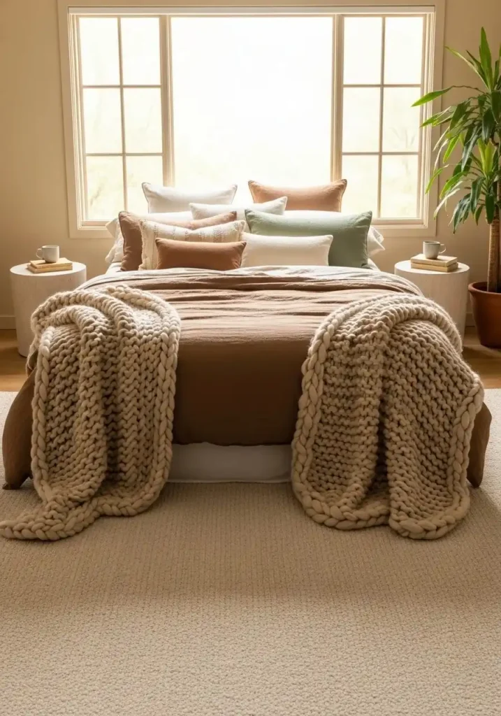Cabin bedroom with natural fabrics like linen and wool for a textured, inviting look.