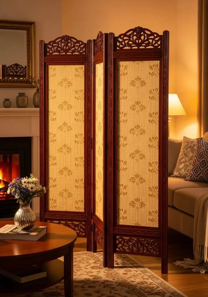 Patterned wooden folding screen separating living space