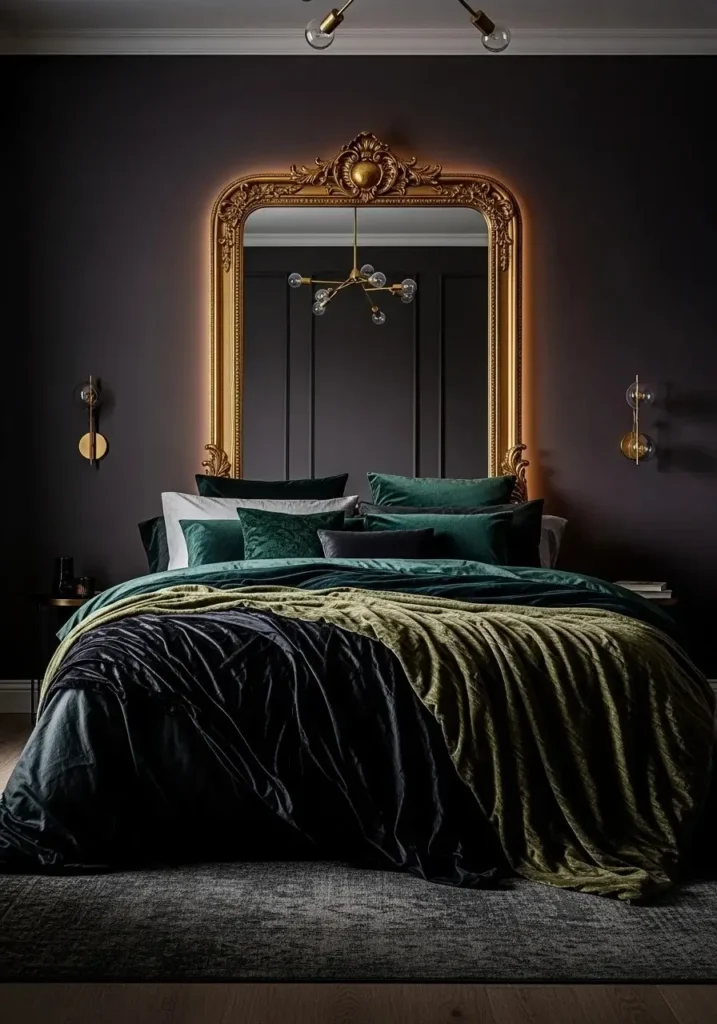 Ornate gold mirror in dark feminine bedroom