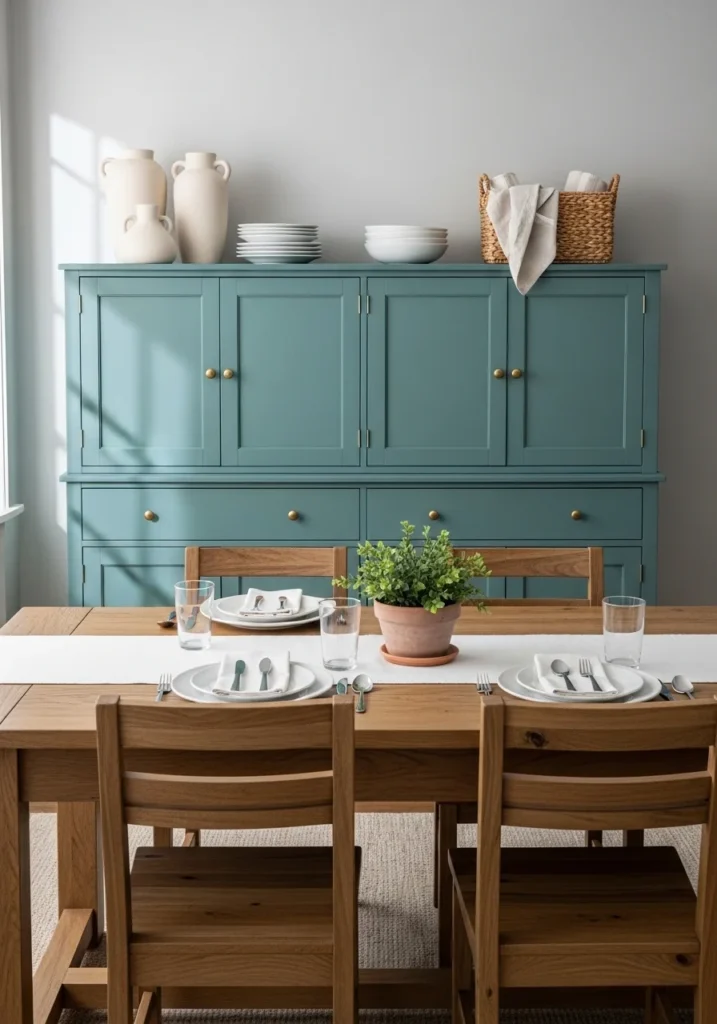 Bold teal sideboard adds functional storage and vibrant style to the dining room.