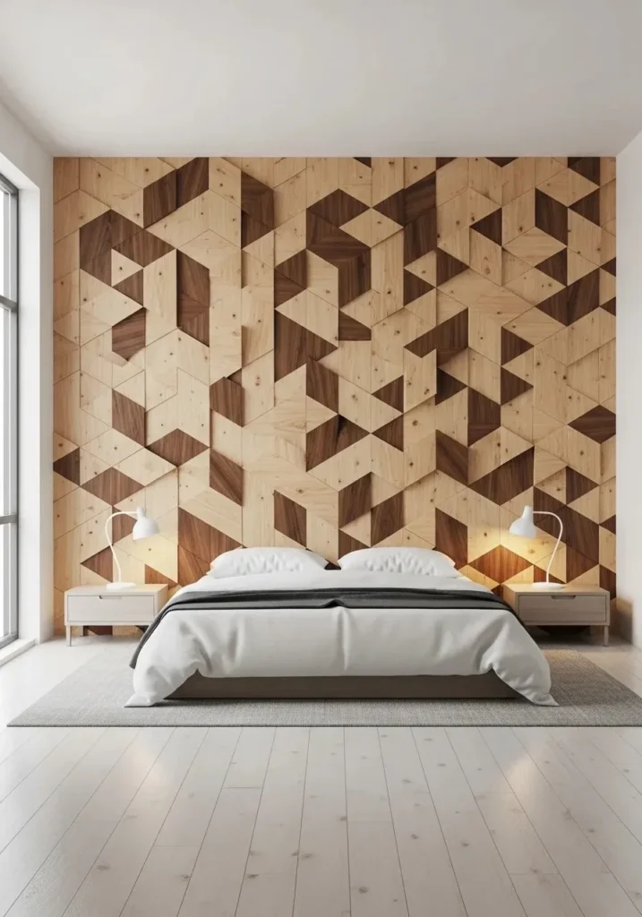 Modern bedroom featuring geometric wood shape accent wall.