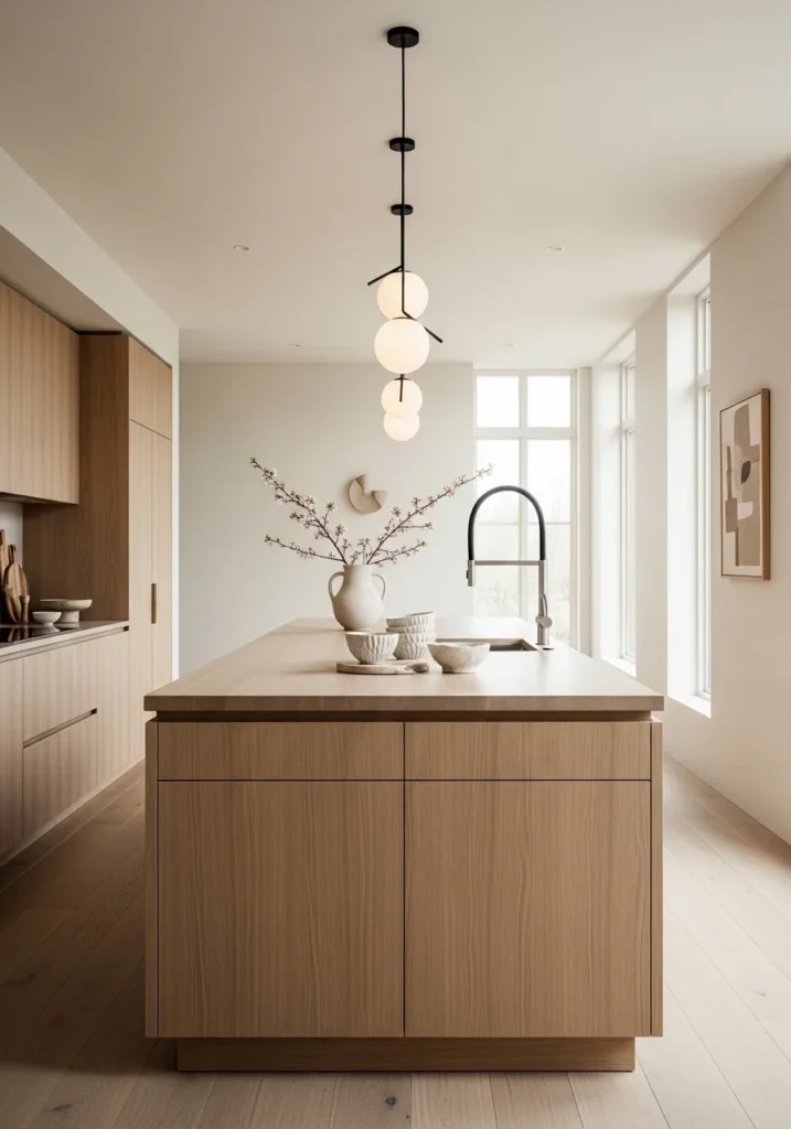 Japandi kitchen with large minimalist island