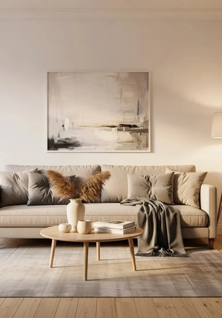 Beige sofa styled with gray accents in a cozy living room