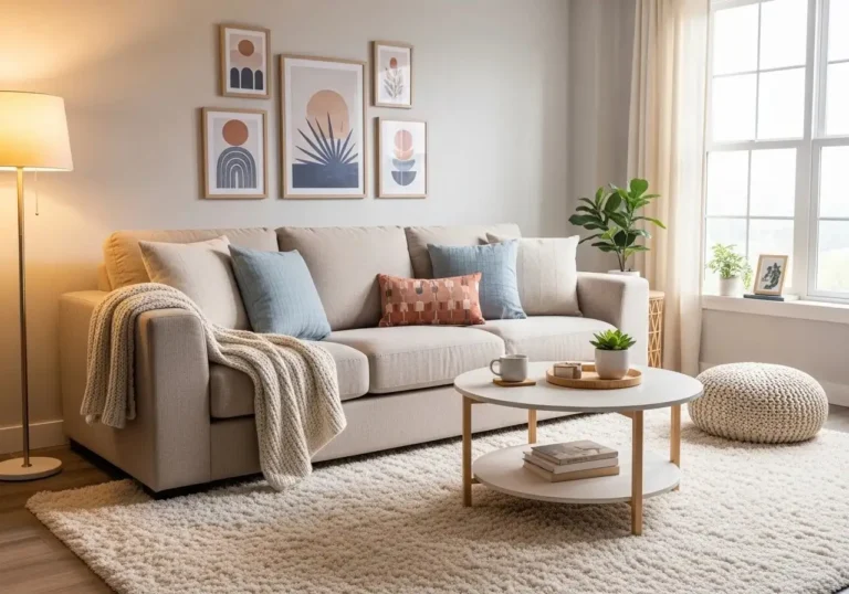 Full view of beige couch living room look Prety