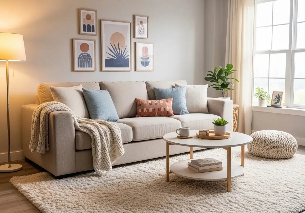 Full view of beige couch living room look Prety