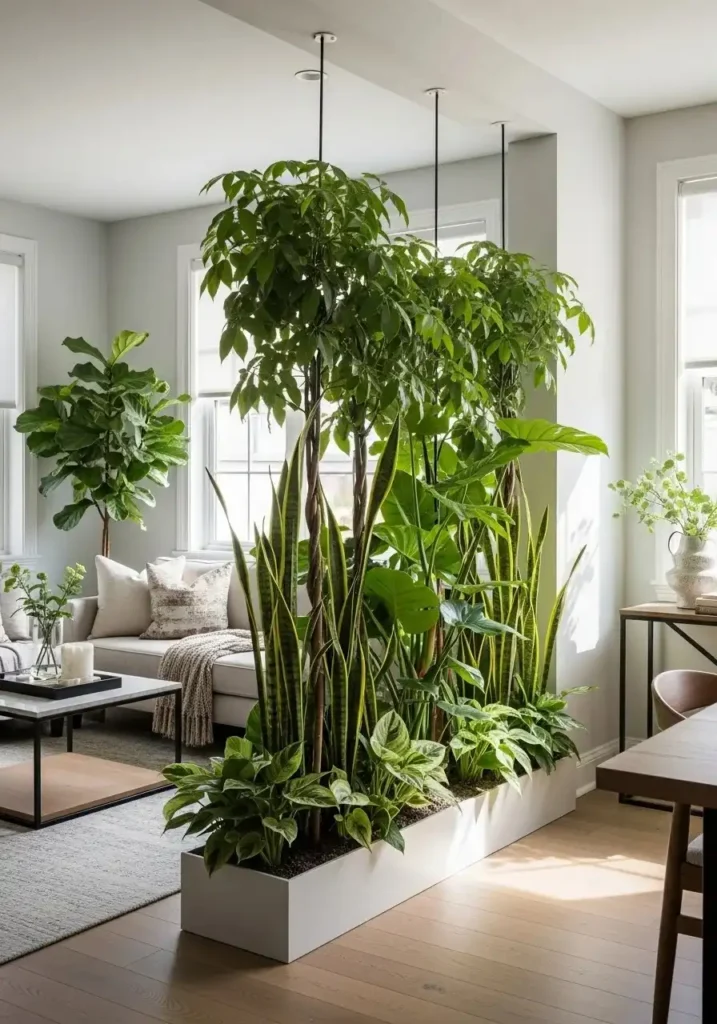tall plant divider separating living room space