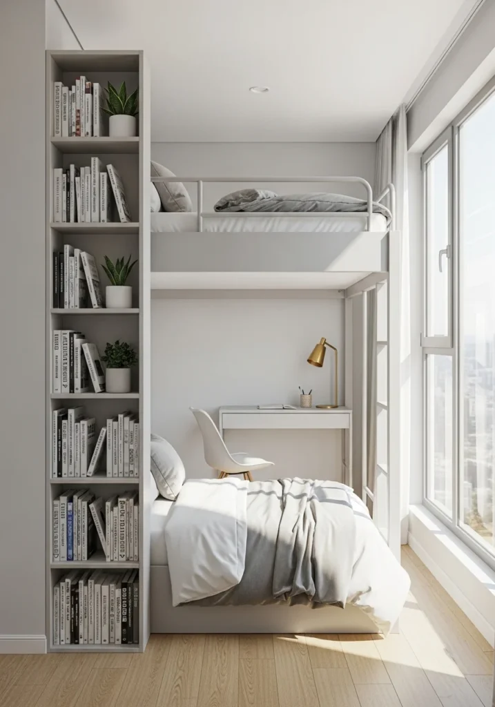 Loft bed featuring built-in bookshelves, combining sleep space with stylish storage for books and decor.