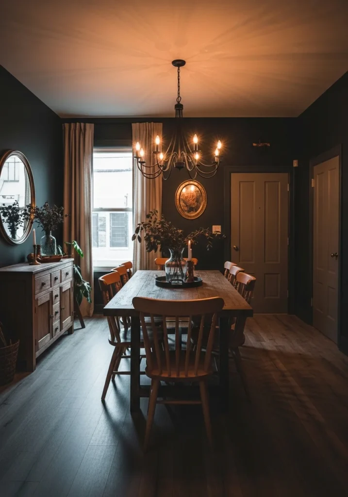 moody dining room layered lighting
