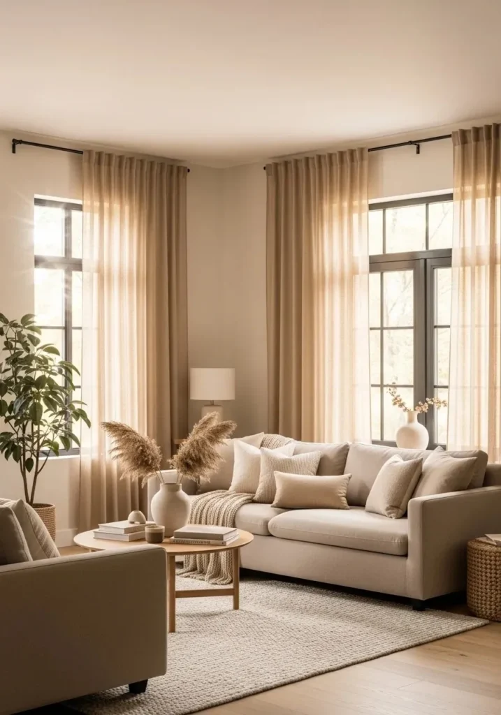 beige curtains with black window frames living room design