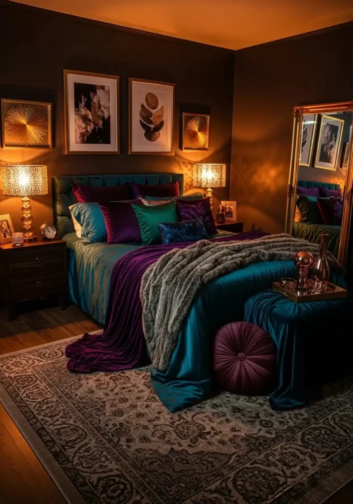 Gold and rose gold accents in dark feminine bedroom
