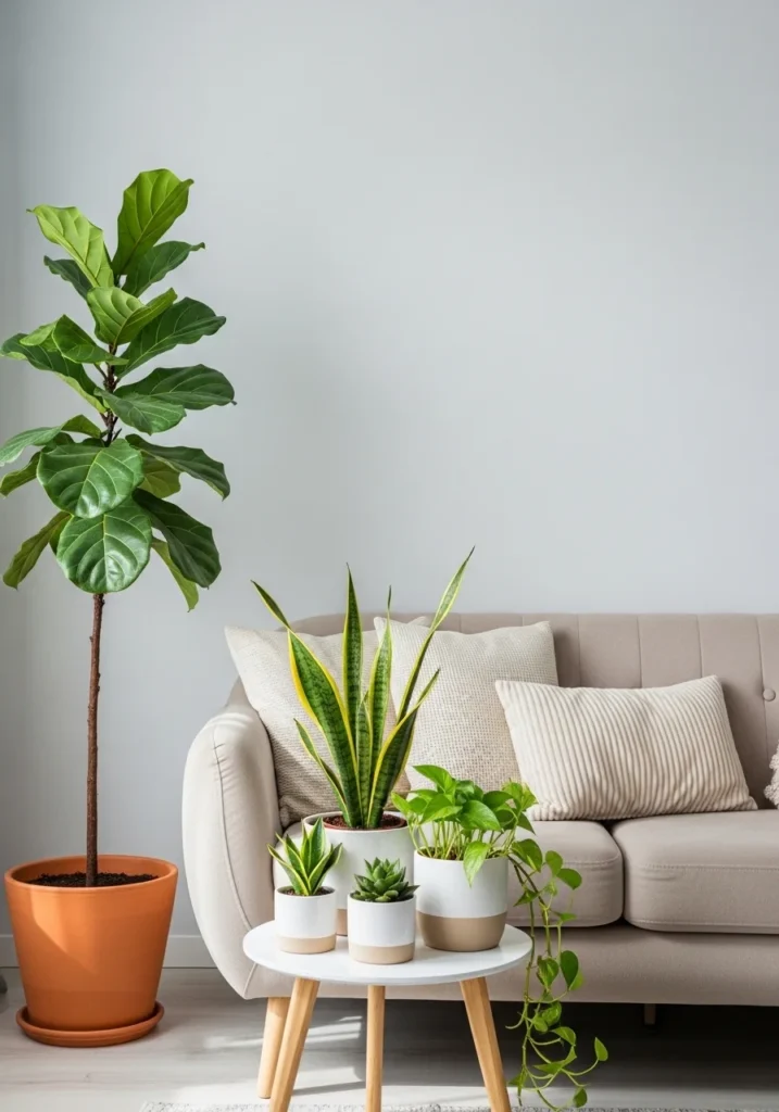 Living room featuring a beige couch surrounded by indoor plants, adding freshness and natural contrast.