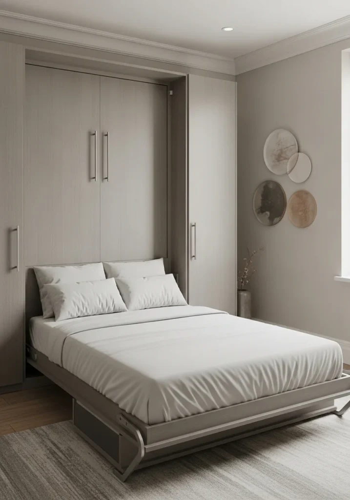 Hidden Murphy bed disguised as a cabinet, creating a clean, organized, and space-saving solution.