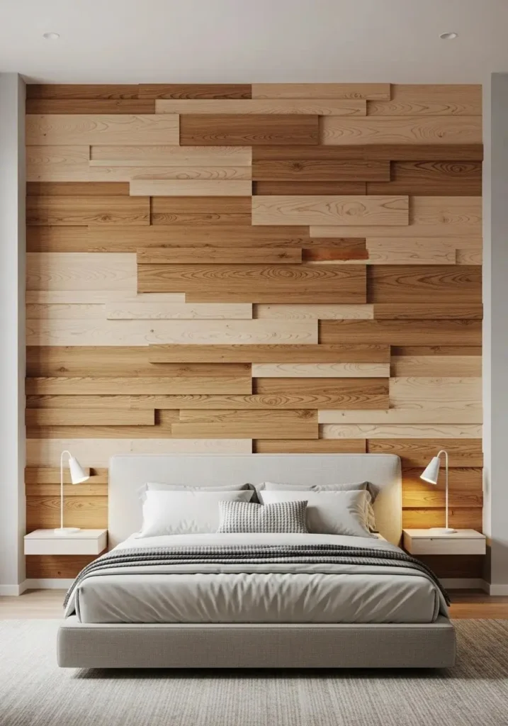 Layered wood panel accent wall adding depth and texture to bedroom.