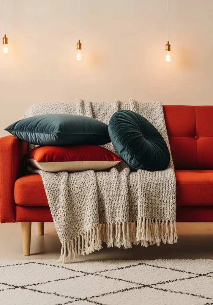 Red sofa with layered textures.