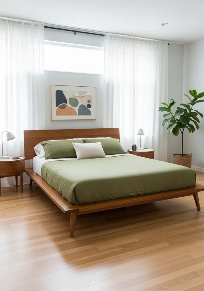 mid century bedroom with low platform bed design