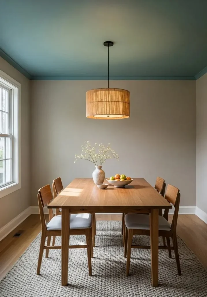 Dining room featuring a soft teal ceiling adding unexpected color and warmth.
