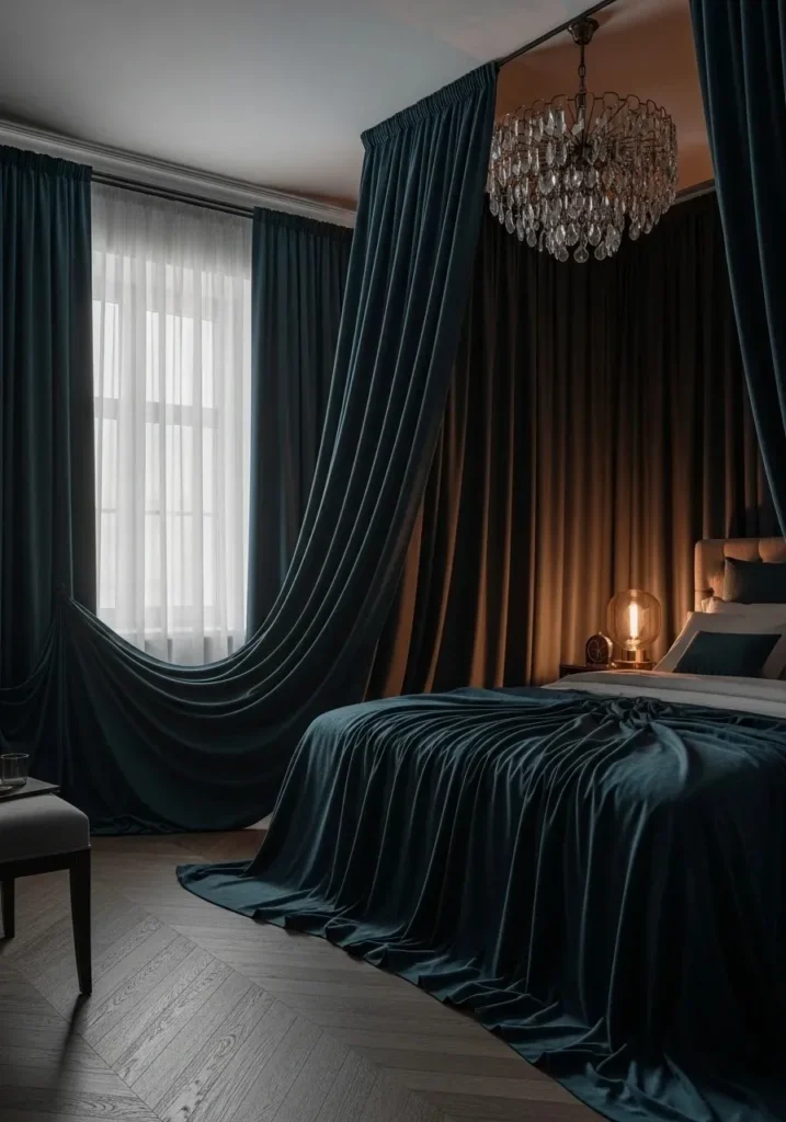 Floor-to-ceiling velvet drapes in bedroom