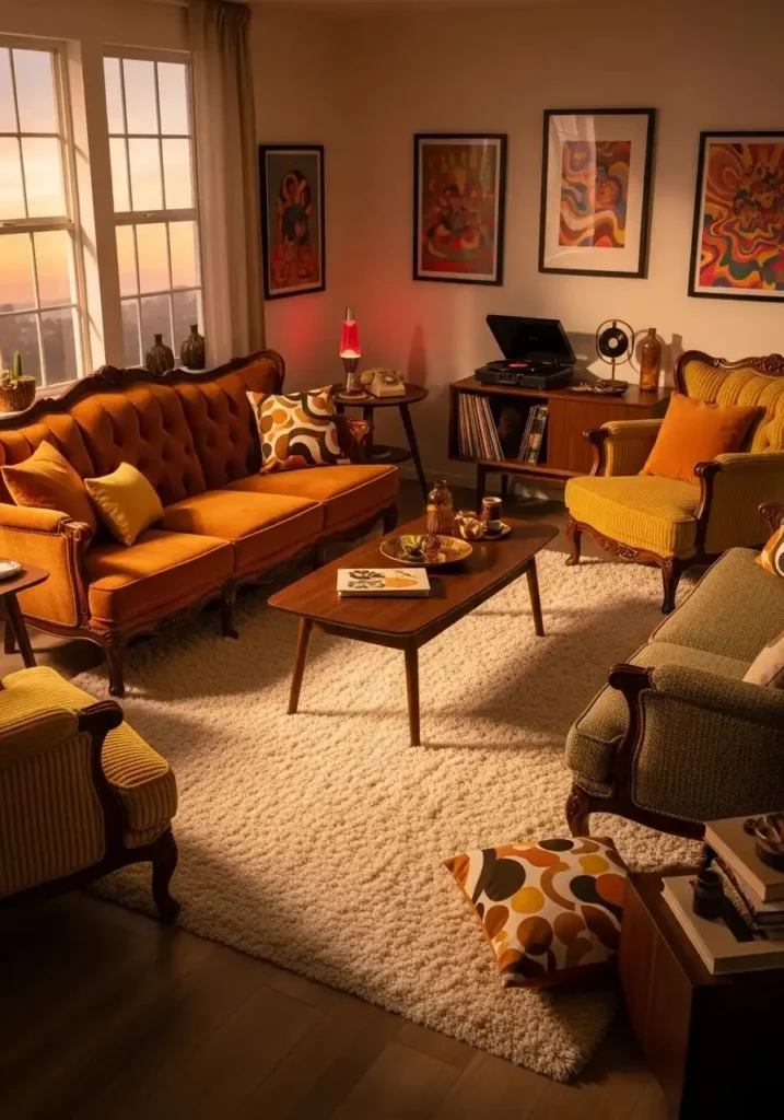 Shag rug adding texture to 70s living room.