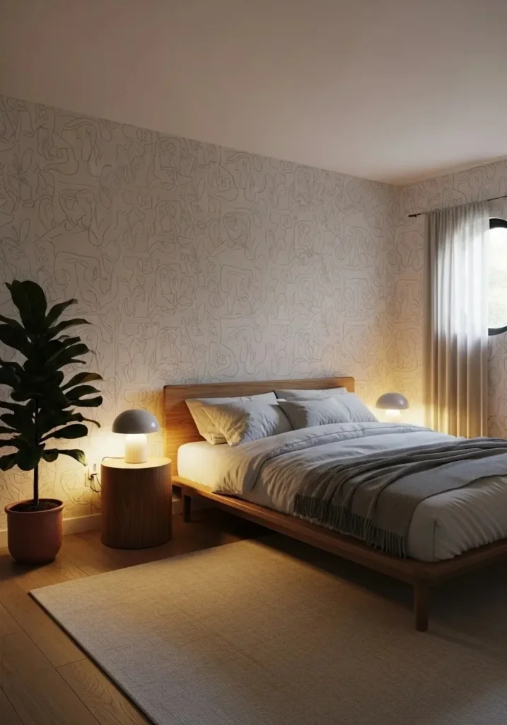Bedroom with minimalist line art wallpaper accent wall