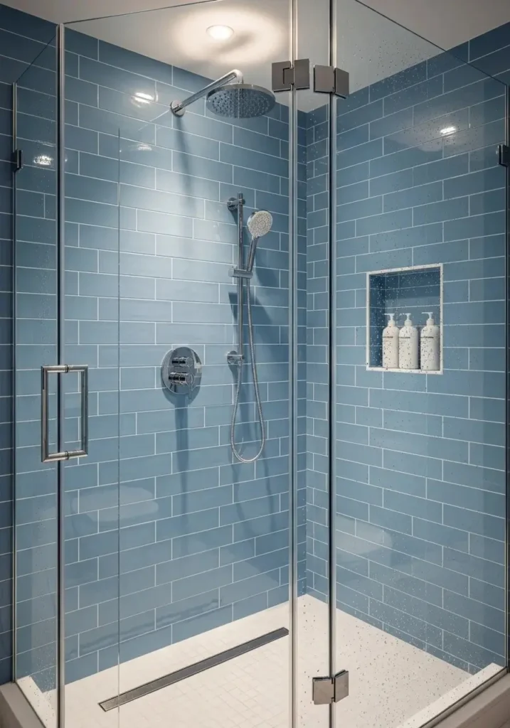 Light blue subway tile shower with glass doors.