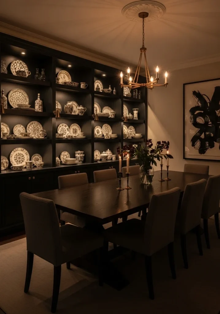 moody dining room built in shelves