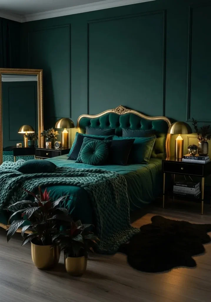Bedroom with deep emerald walls and cozy velvet bedding