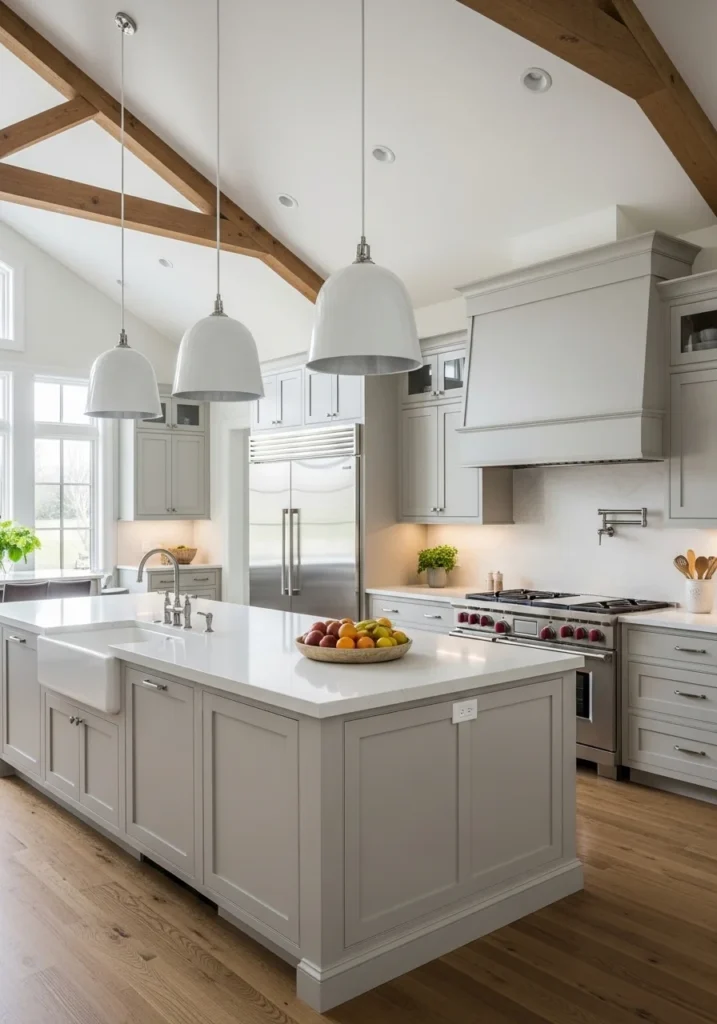 vaulted ceiling kitchen with large island