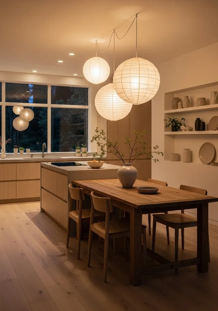 Japandi kitchen with paper pendant lights and soft glow
