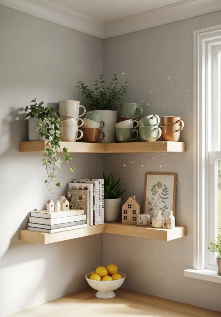 corner floating shelves small kitchen storage
