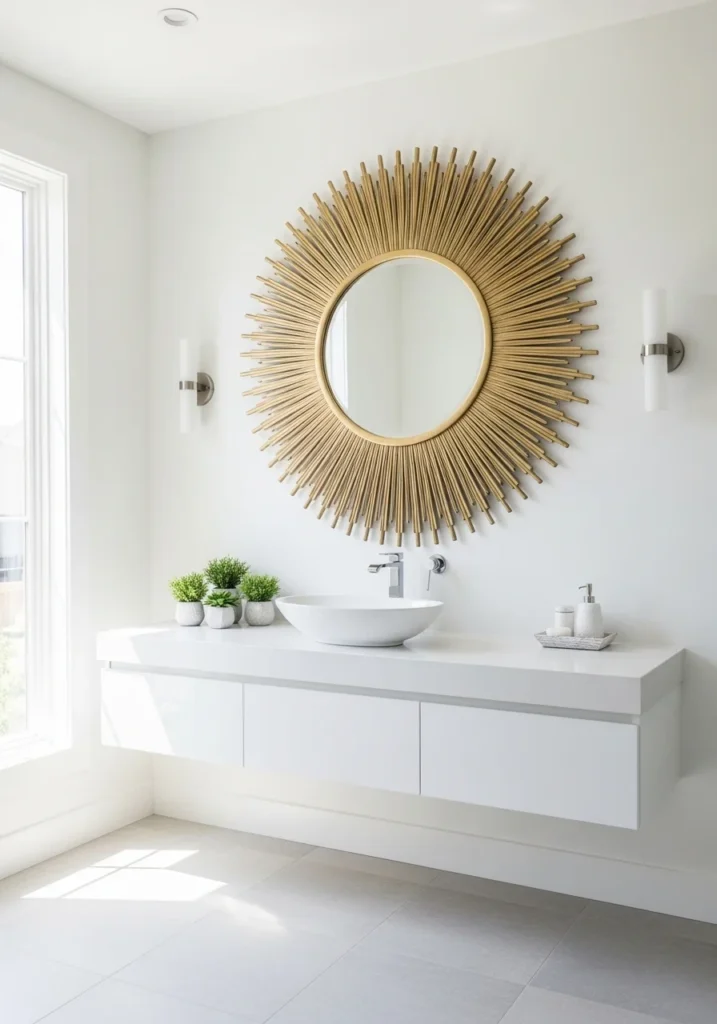 Round statement mirror in bathroom.