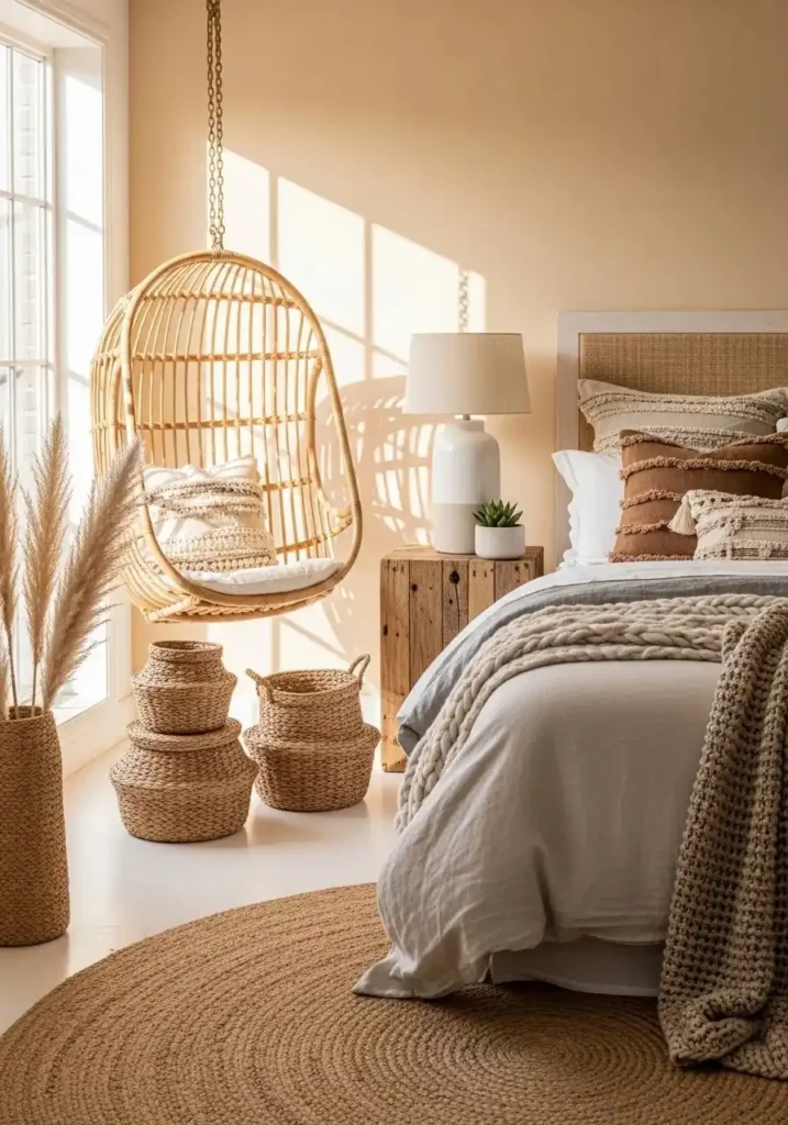 Bedroom with woven textures like rattan and baskets in coastal style