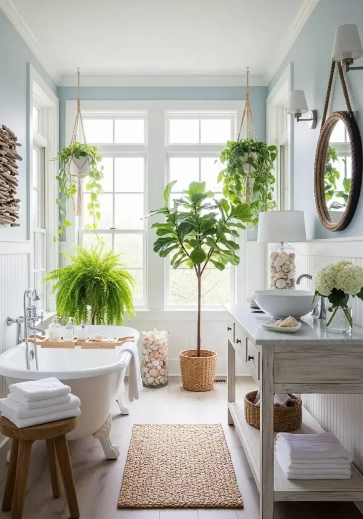 Greenery and plants adding freshness to a coastal bathroom