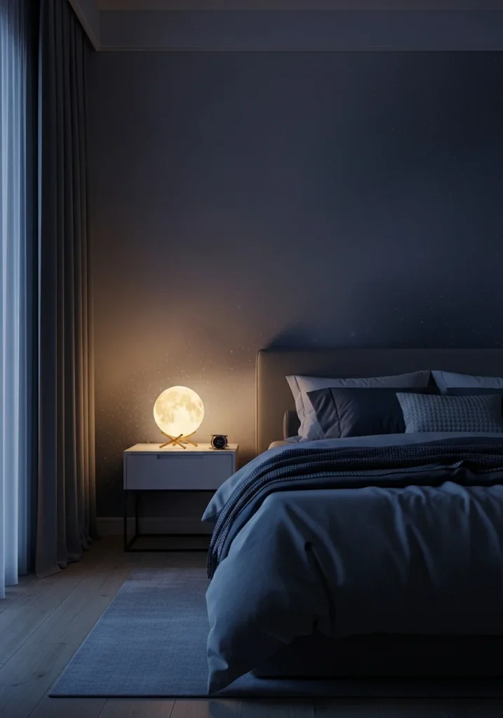 Bedroom with moon shaped lamp creating soft glowing light.
