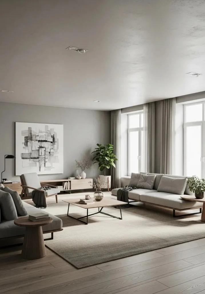Minimal gray and beige living room with clean modern styling