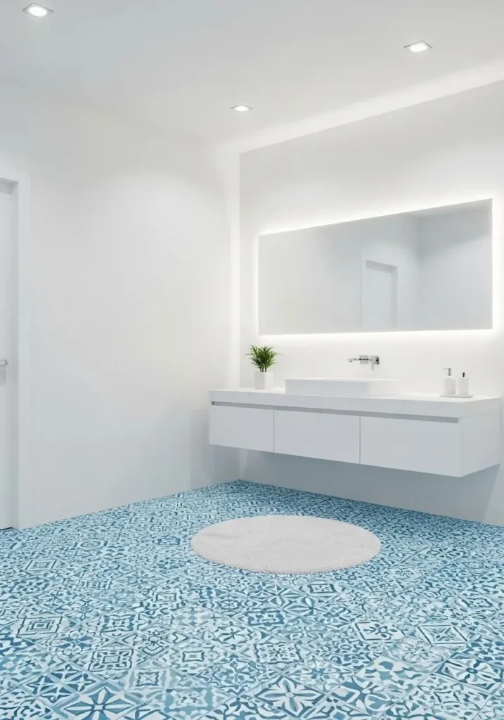 Bathroom with light blue patterned floor tiles.