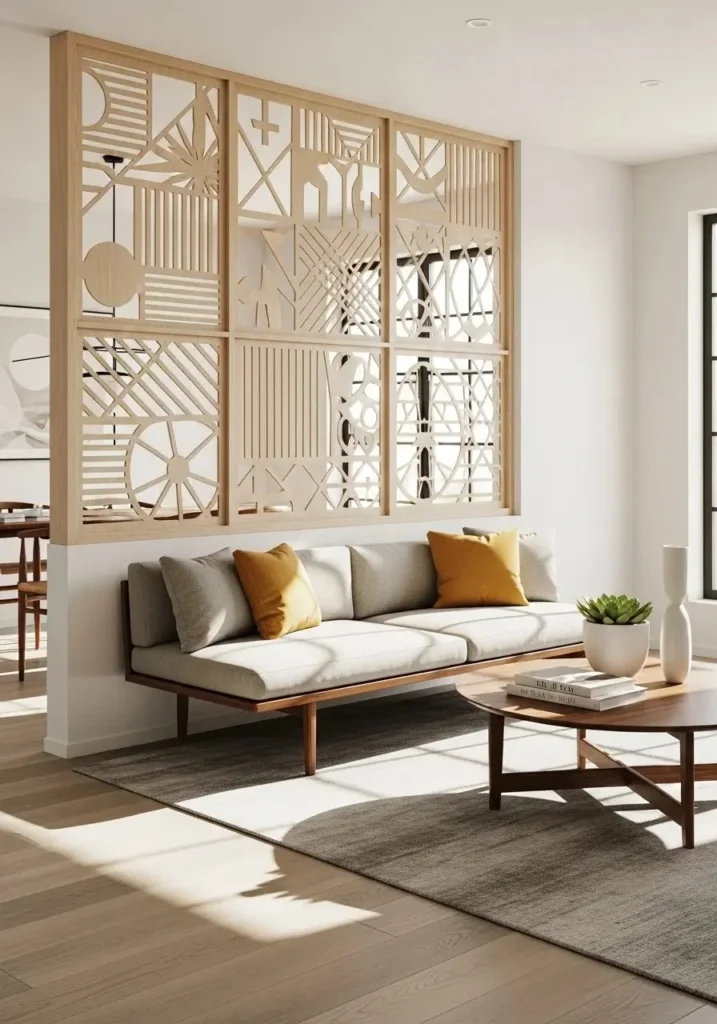 partial wall divider with cutouts in living room