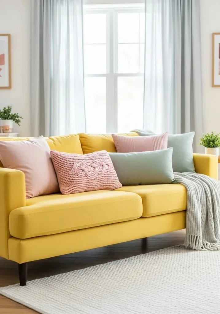 Yellow sofa with pastel accents.