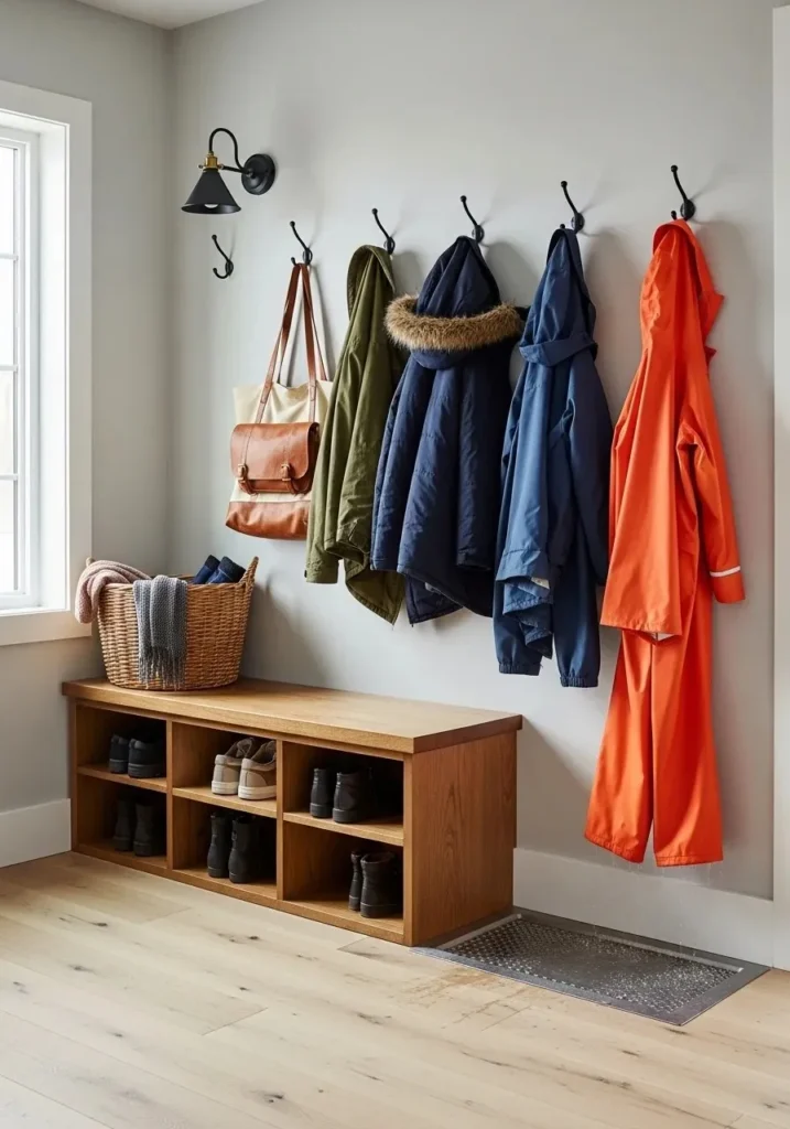 Hooks and hanging space above bench in a mudroom-laundry combo keeping coats and bags organized.