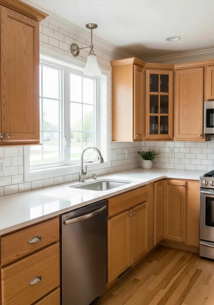 Hickory cabinets with white countertops and subway tile.
