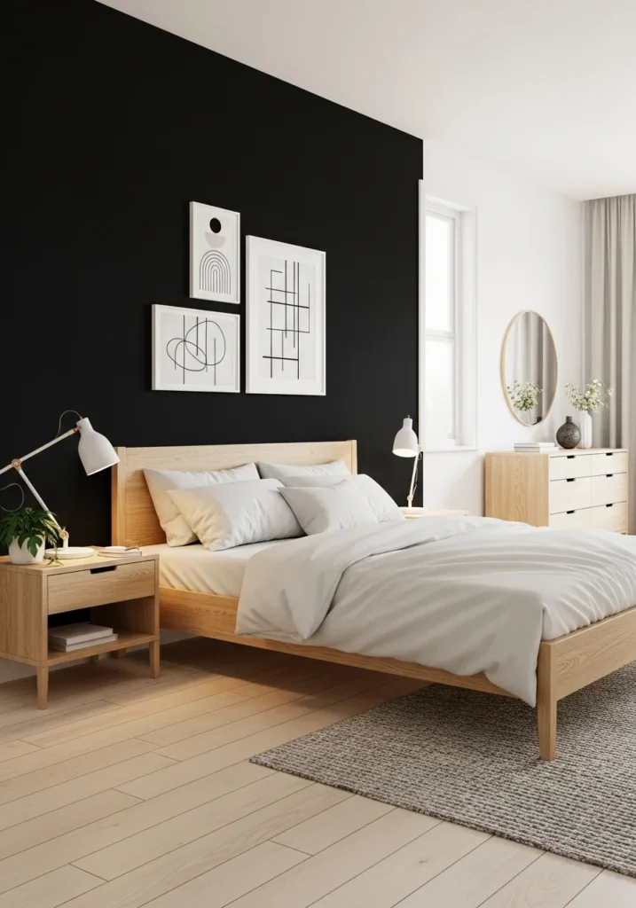 Bedroom with black accent wall behind white bed.