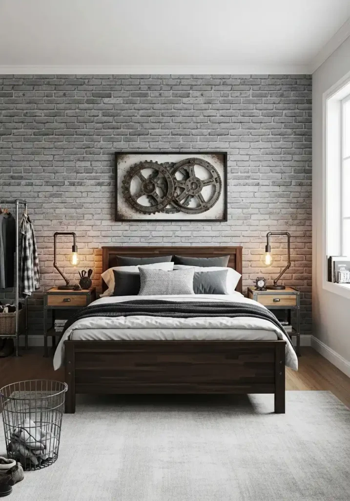 Industrial bedroom with faux gray brick wallpaper accent wall
