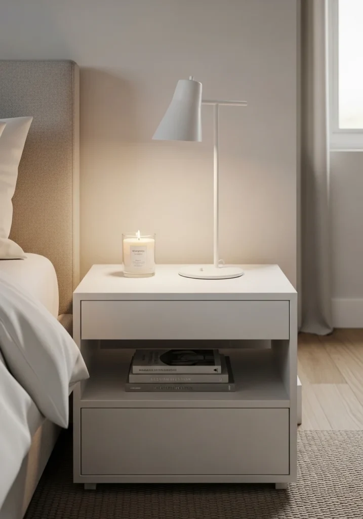 White nightstand with simple decor items.