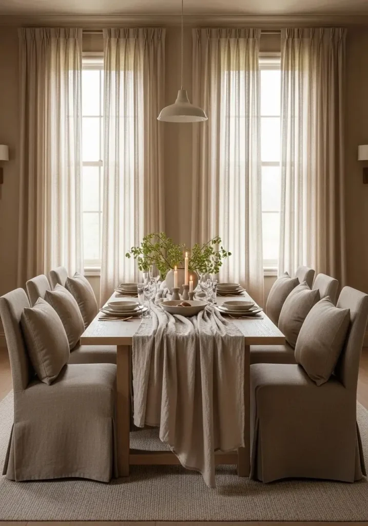 Modern dining room with soft fabric textures like linen and cushions