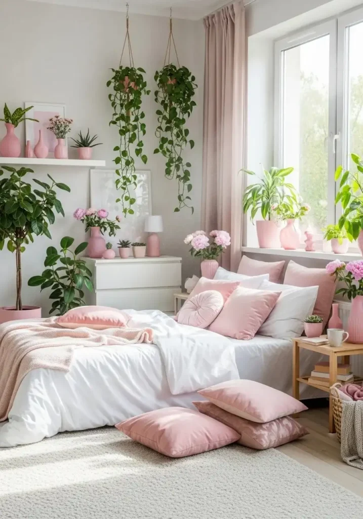 green plants with pink decor bedroom ideas