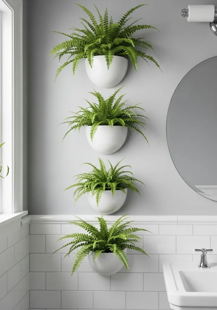 Wall-mounted bathroom planters with greenery.