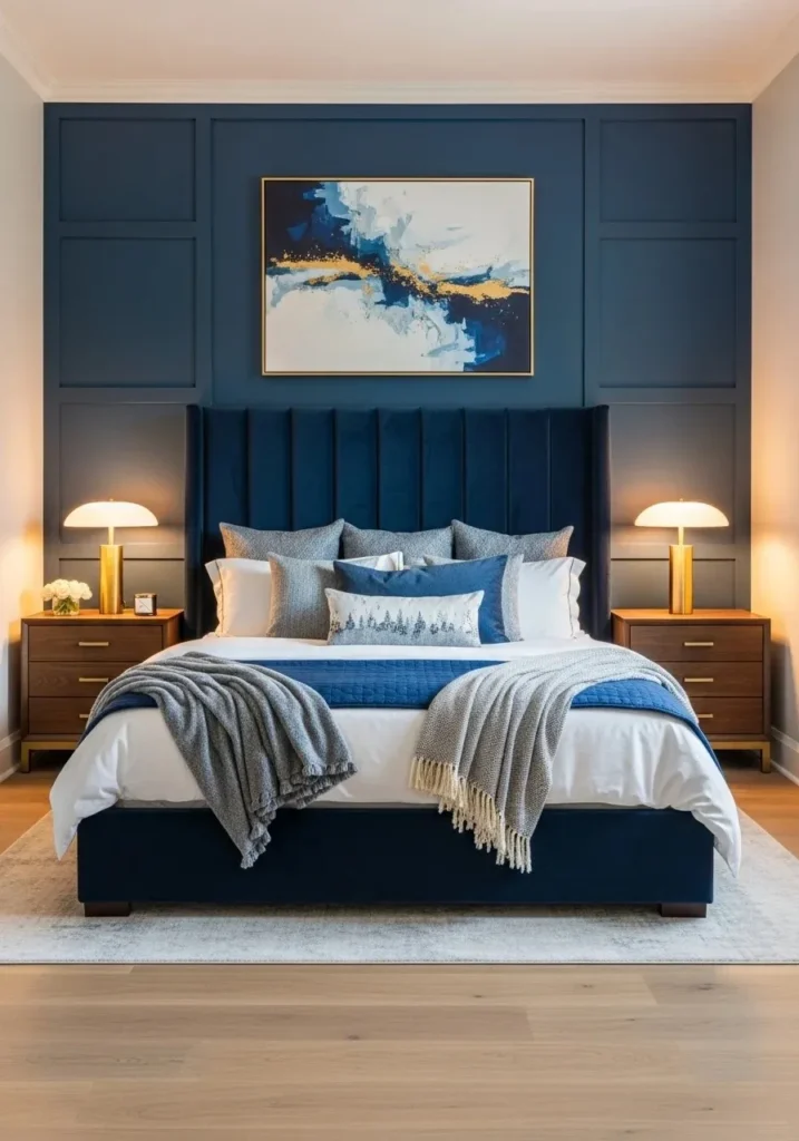 Blue accent wall paired with statement headboard creating a luxurious bedroom focal point