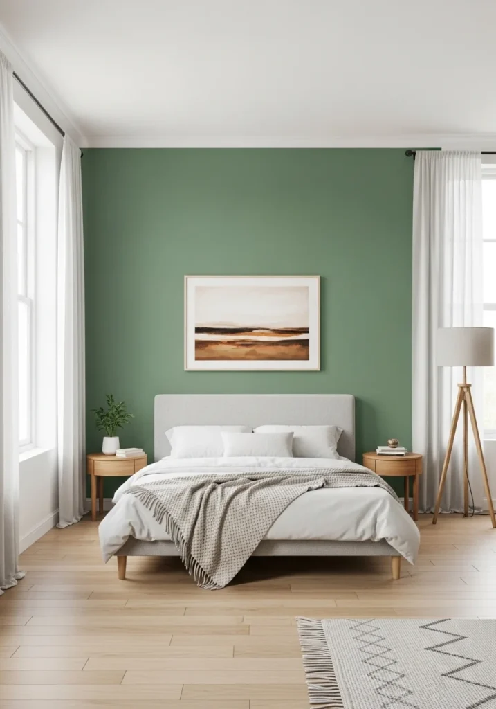Minimal green accent wall bedroom with uncluttered, serene, and modern aesthetic