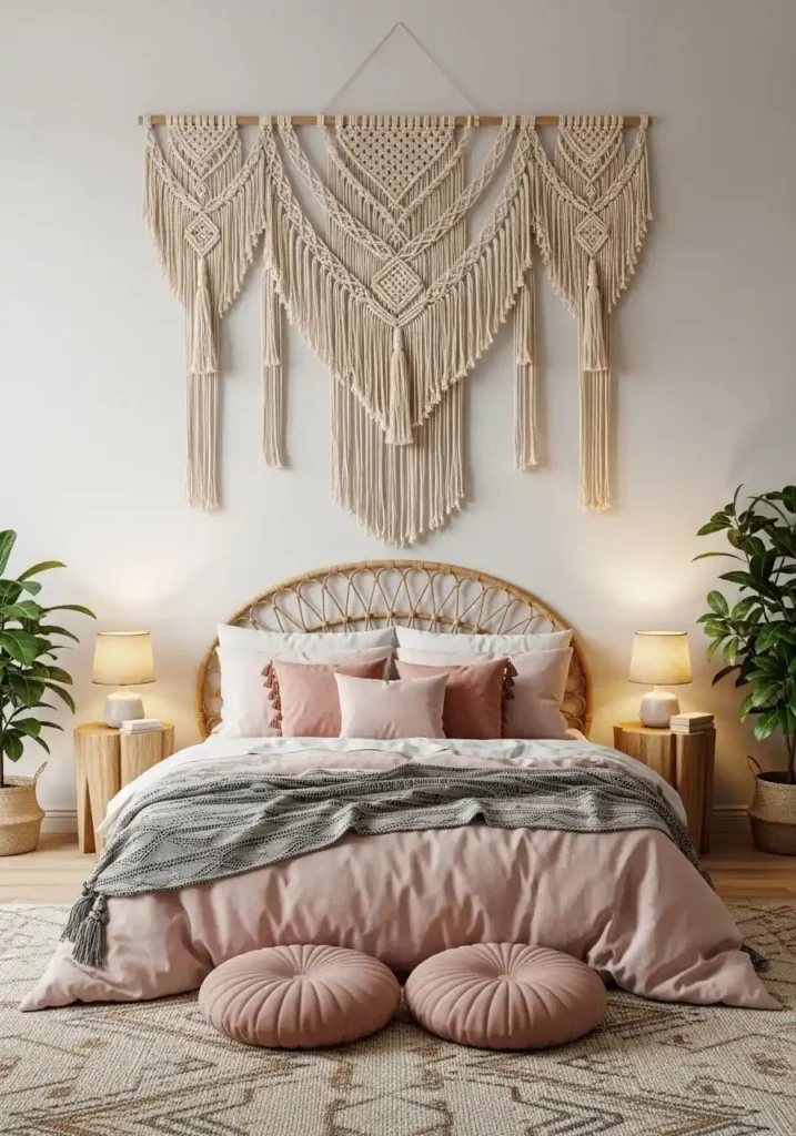 Macrame wall decor with blush accents in boho bedroom